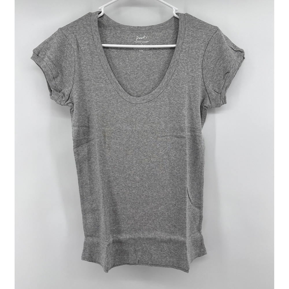 Poof! Womens Heather Grey Ribbed Scoop Neck Cuffed Short Sleeve Tee Shirt L NEW